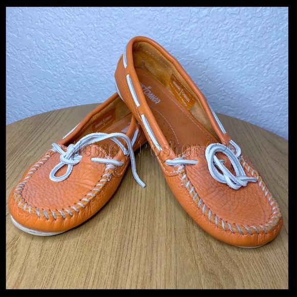 Minnetonka Leather Upper and Lining in Hermes Orange Color Moccasins - 7 - Picture 2 of 15